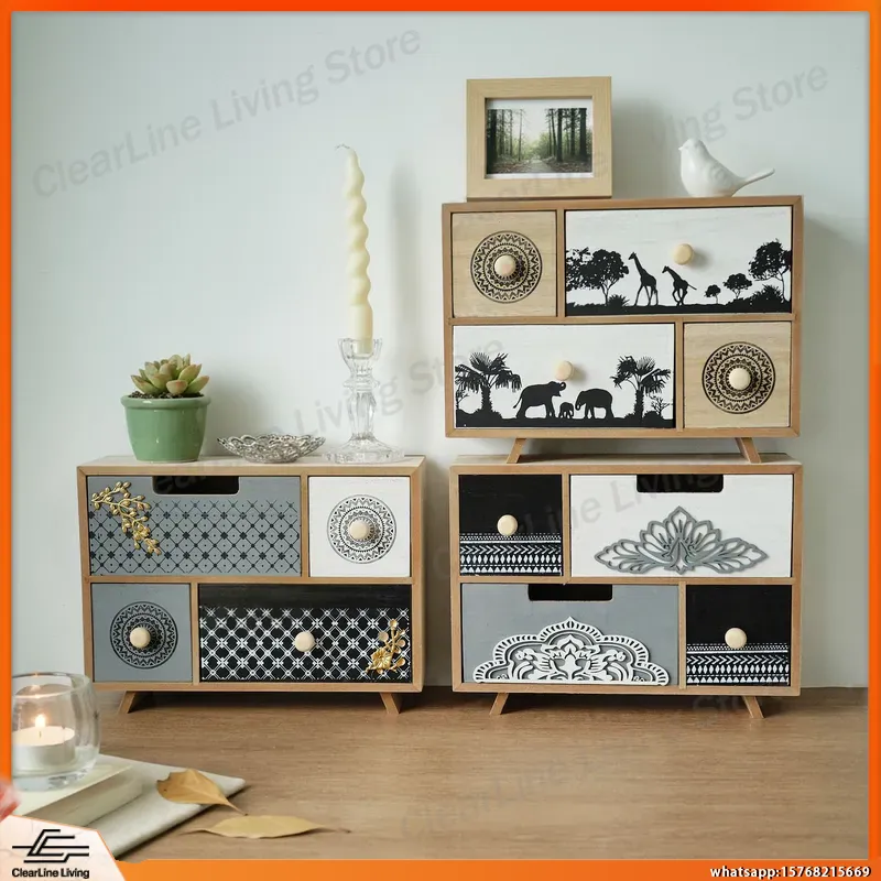 Office Drawer Organizer - Ahşap Masaüstü Çekmeceli Dolap Oymalı Tribal